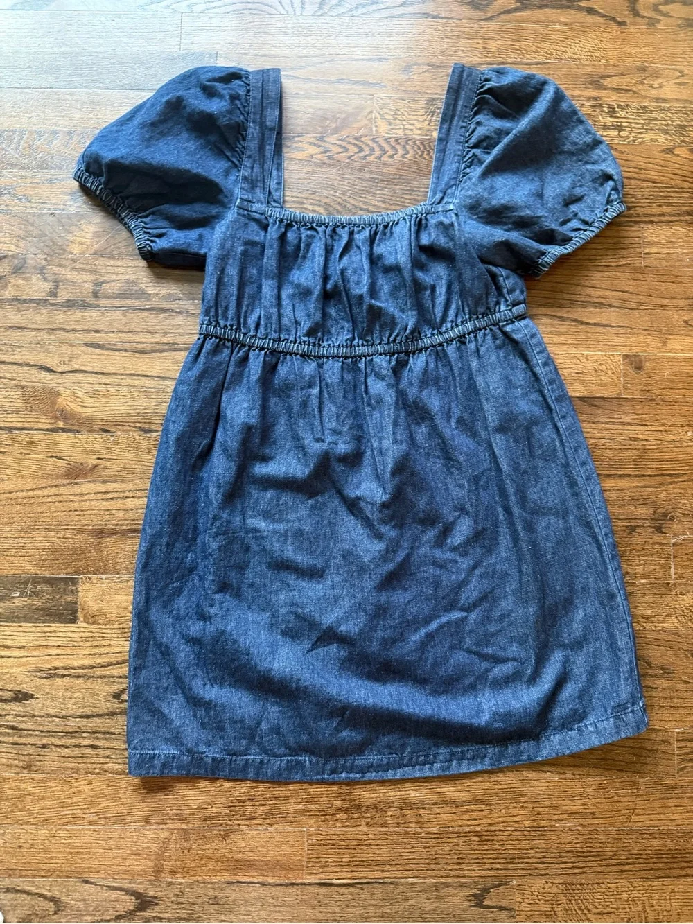Square Neck Puff Sleeve Denim Mini Dress - Navy
